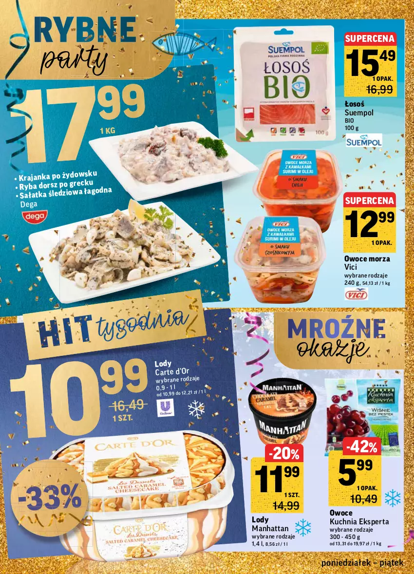 Gazetka promocyjna Intermarche - Gazetka promocyjna - ważna 27.12 do 31.12.2021 - strona 18 - produkty: Carte d'Or, Dega, Dorsz, Kuchnia, Lody, Owoce, Owoce morza, Sałat, Sałatka, Suempol