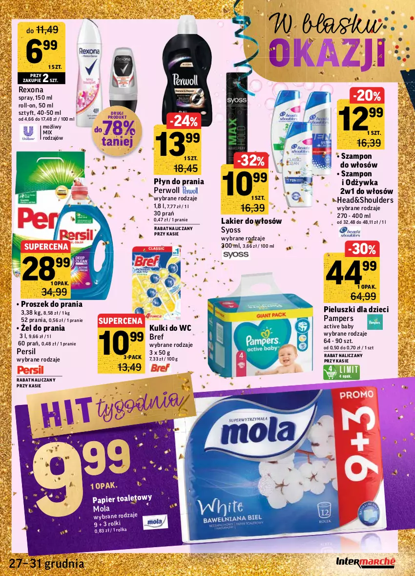 Gazetka promocyjna Intermarche - Gazetka promocyjna - ważna 27.12 do 31.12.2021 - strona 31 - produkty: Bref, Dezodorant, Dzieci, Kulki do wc, Lakier, Lakier do włosów, Mola, Odżywka, Pampers, Papier, Persil, Perwoll, Płyn do prania, Proszek do prania, Rexona, Syoss, Szampon