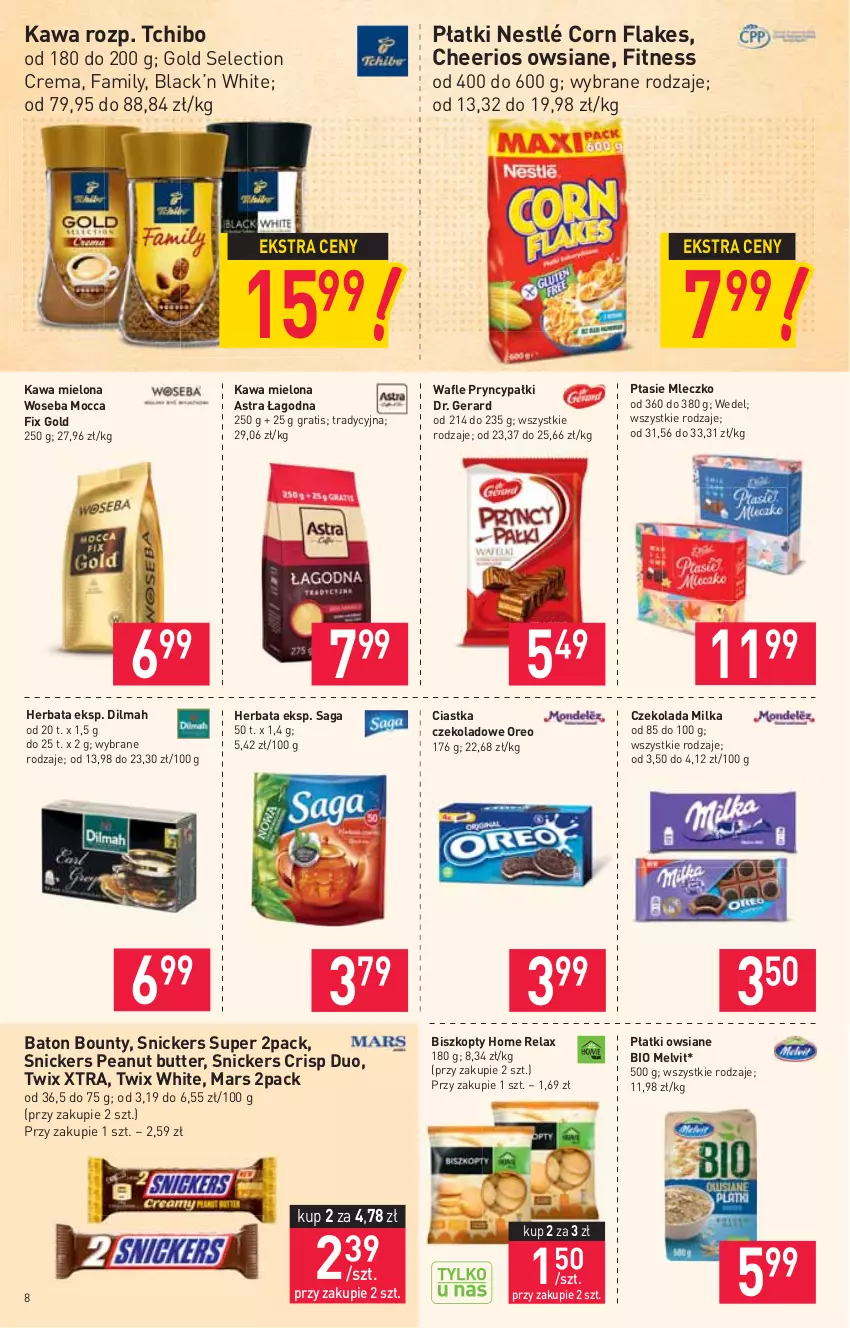 Gazetka promocyjna Stokrotka - Market - ważna 02.06 do 09.06.2021 - strona 8 - produkty: Baton, Biszkopty, Bounty, Cheerios, Ciastka, Corn flakes, Czekolada, Dilmah, Fa, Gra, Herbata, Kawa, Kawa mielona, Lack, Mars, Melvit, Milka, Mleczko, Mocca Fix Gold, Nestlé, Oreo, Płatki owsiane, Ptasie mleczko, Saga, Snickers, Tchibo, Twix, Wafle, Woseba