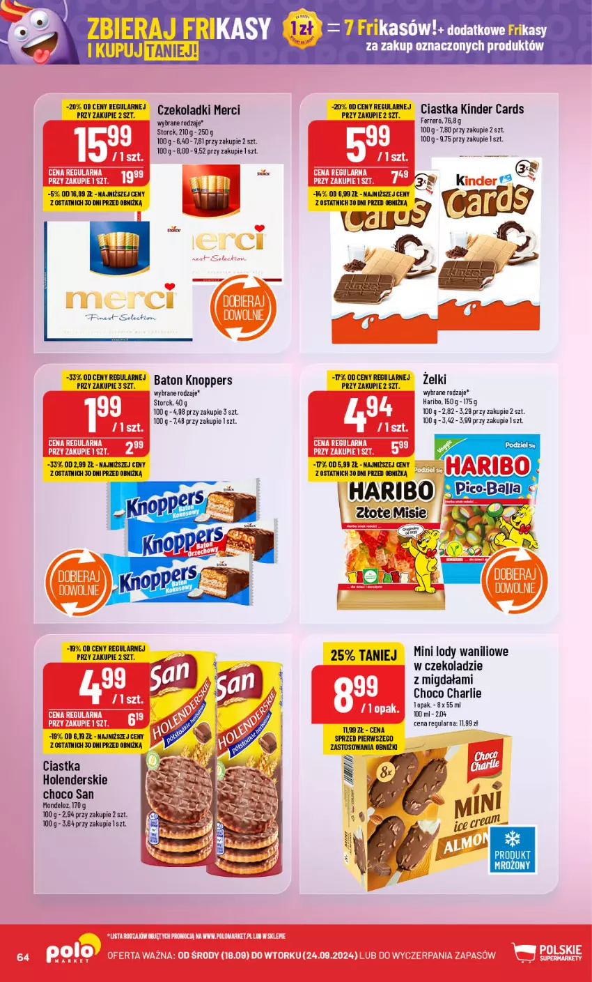 Gazetka promocyjna PoloMarket - Gazetka pomocyjna - ważna 18.09 do 24.09.2024 - strona 64 - produkty: Ciastka, Edam, Ferrero, Haribo, Kinder, Knoppers, LG, Lody, Merci