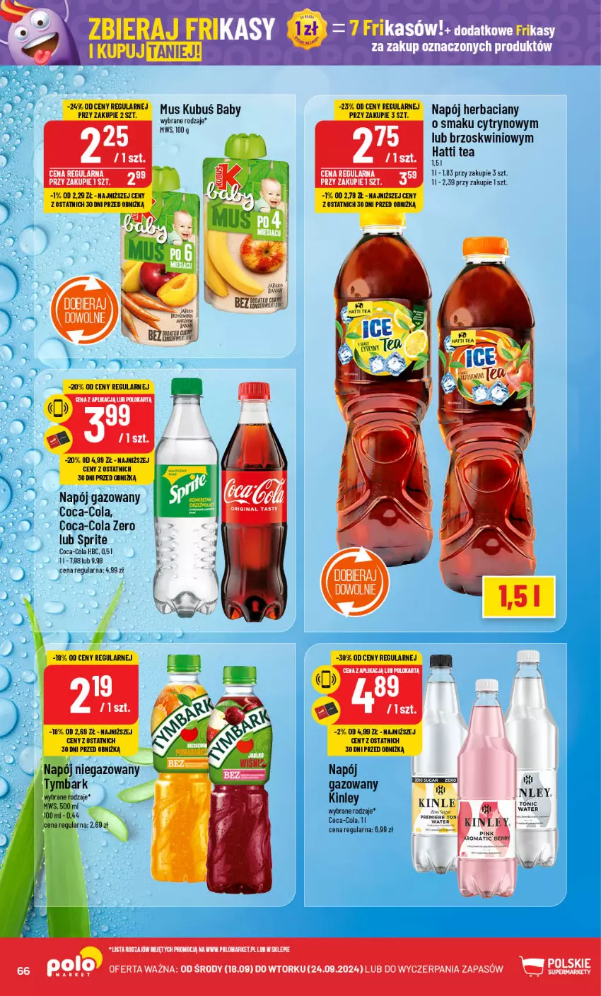 Gazetka promocyjna PoloMarket - Gazetka pomocyjna - ważna 18.09 do 24.09.2024 - strona 66 - produkty: Coca-Cola, Kubuś, Mus, Napój, Napój gazowany, Napój niegazowany, Ser, Sprite, Tymbark