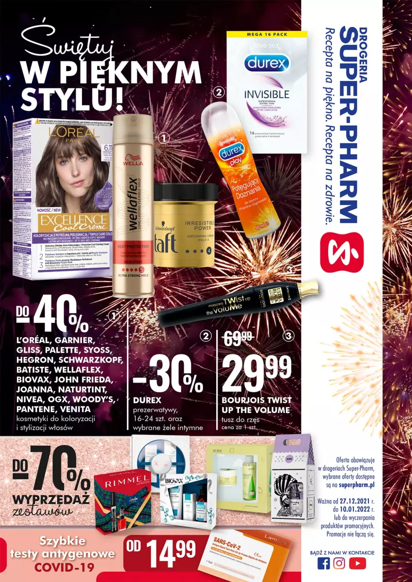 Gazetka promocyjna Super Pharm - Gazetka - ważna 27.12.2021 do 10.01.2022 - strona 1 - produkty: Batiste, Biovax, Durex, Gra, Hegron, Joanna, John frieda, Nivea, Palette, Pantene, Por, Prezerwatyw, Tusz, Wella, Wellaflex