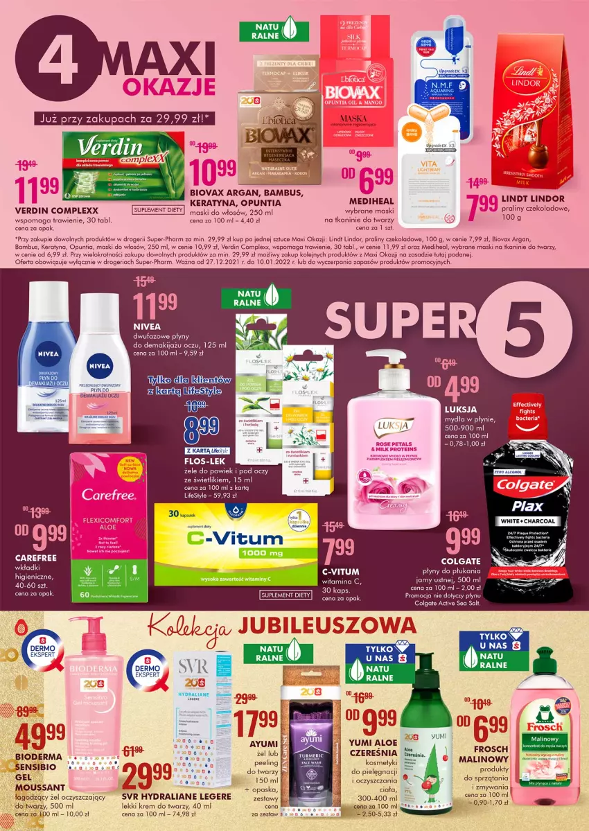 Gazetka promocyjna Super Pharm - Gazetka - ważna 27.12.2021 do 10.01.2022 - strona 2 - produkty: Bioderma, Biovax, Carefree, Colgate, Fa, Frosch, Krem do twarzy, LG, Lindor, Lindt, Makijaż, Nivea, Olej, Opaska, Praliny, Sok, Suplement diety, SVR, Wkładki