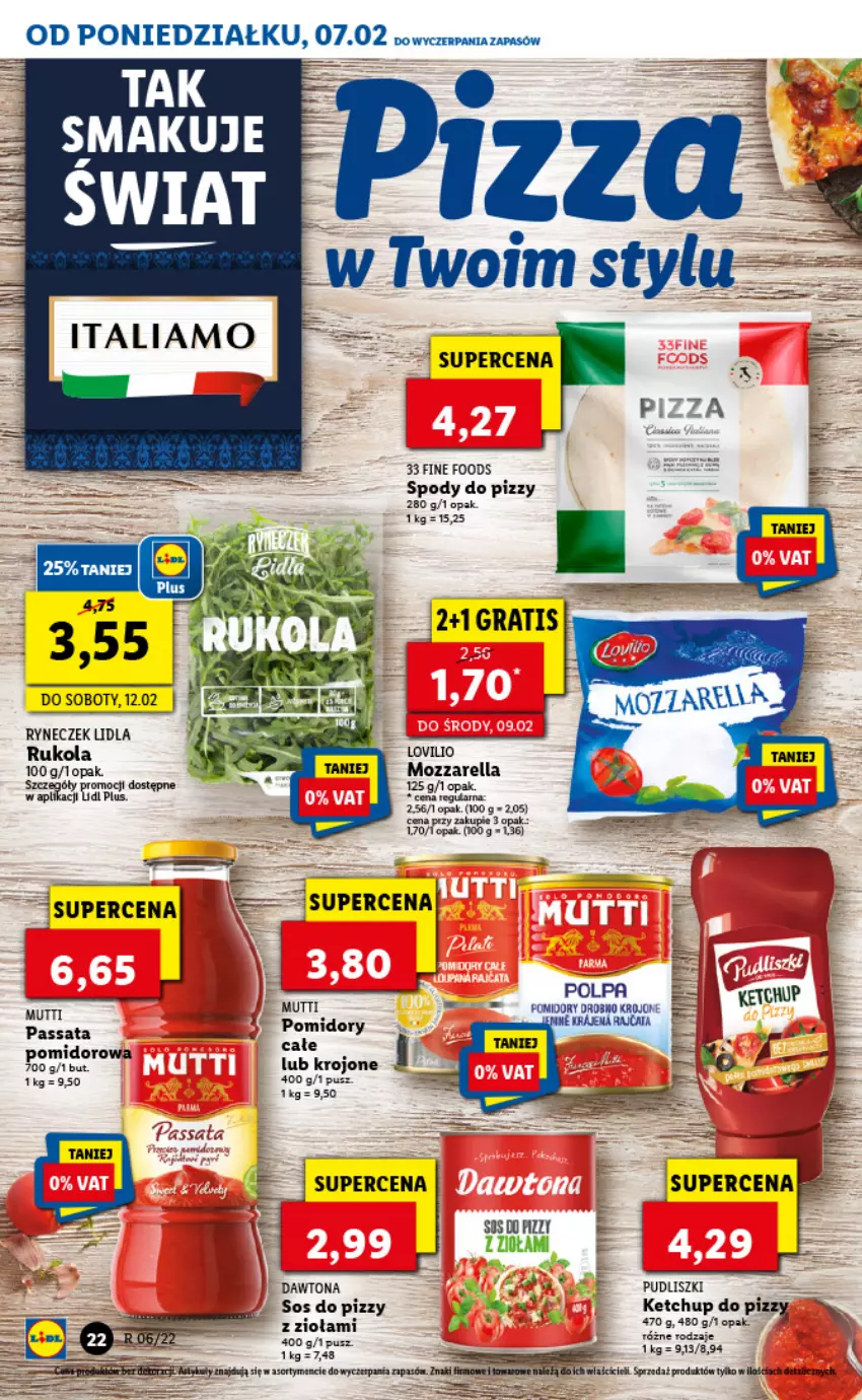 Gazetka promocyjna Lidl - GAZETKA - ważna 07.02 do 09.02.2022 - strona 22 - produkty: Dawtona, Fa, Gra, Ketchup, Lovi, Mozzarella, Pizza, Pomidory, Pudliszki, Rukola, Sos, Sos do pizzy