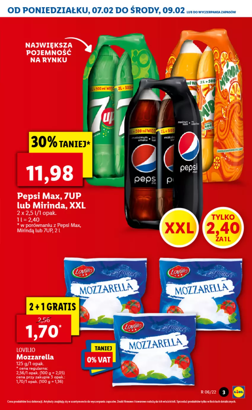 Gazetka promocyjna Lidl - GAZETKA - ważna 07.02 do 09.02.2022 - strona 3 - produkty: 7up, Gra, Mirinda, Mozzarella, Pepsi, Pepsi max, Por