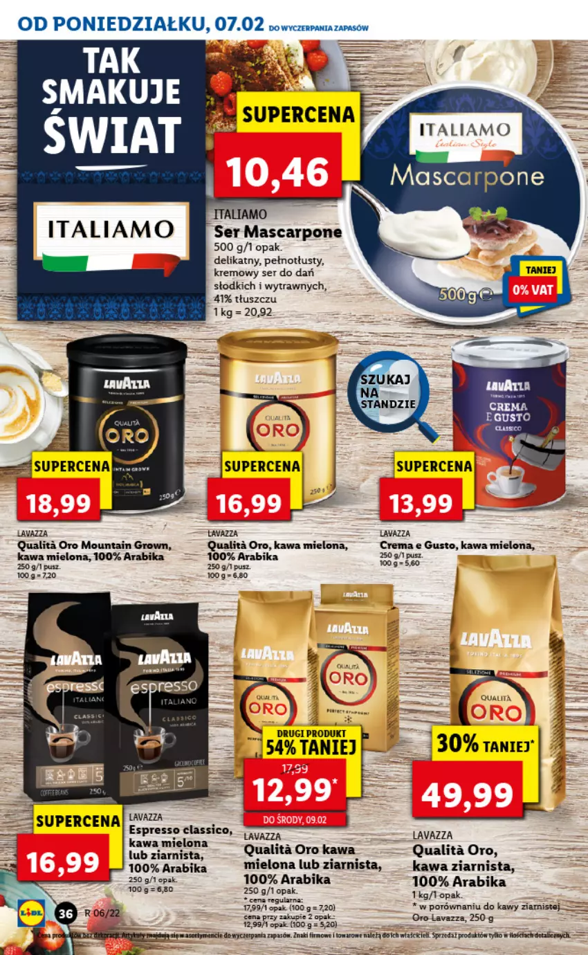 Gazetka promocyjna Lidl - GAZETKA - ważna 07.02 do 09.02.2022 - strona 36 - produkty: Kawa, Kawa mielona, Kawa ziarnista, Lavazza, Mascarpone, Por, Ser, Top