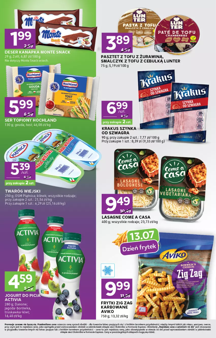 Gazetka promocyjna Stokrotka - Stokrotka Express - ważna 10.07 do 16.07.2025 - strona 4 - produkty: Activia, Borówka, Danone, Frytki, Gra, Jogurt, Kiwi, Krakus, Lasagne, Mięso, Owoce, Piątnica, Szynka, Tofu, Warzywa