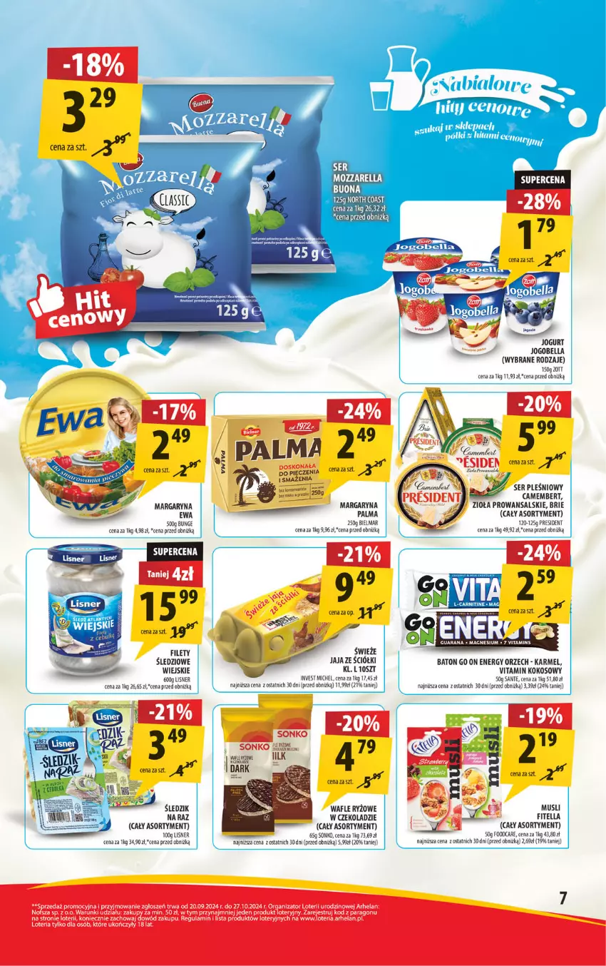 Gazetka promocyjna Arhelan - Gazetka - ważna 18.10 do 27.10.2024 - strona 7 - produkty: Baton, Bell, Bella, Brie, Camembert, Jaja, Jogobella, Jogurt, Kokos, Lisner, Margaryna, Palma, Ryż, Sante, Ser, Ser pleśniowy, Sonko, Wafle