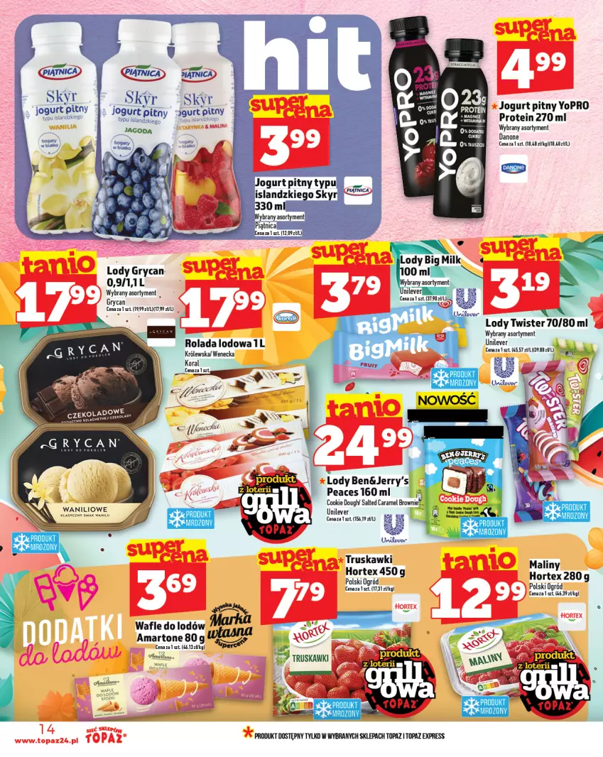 Gazetka promocyjna Topaz - Gazetka - ważna 22.05 do 28.05.2025 - strona 14 - produkty: Brownie, Danone, Gry, Hortex, Jogurt, Jogurt pitny, Lody, Maliny, Ogród, Top, Truskawki, Wafle, Wafle do lodów