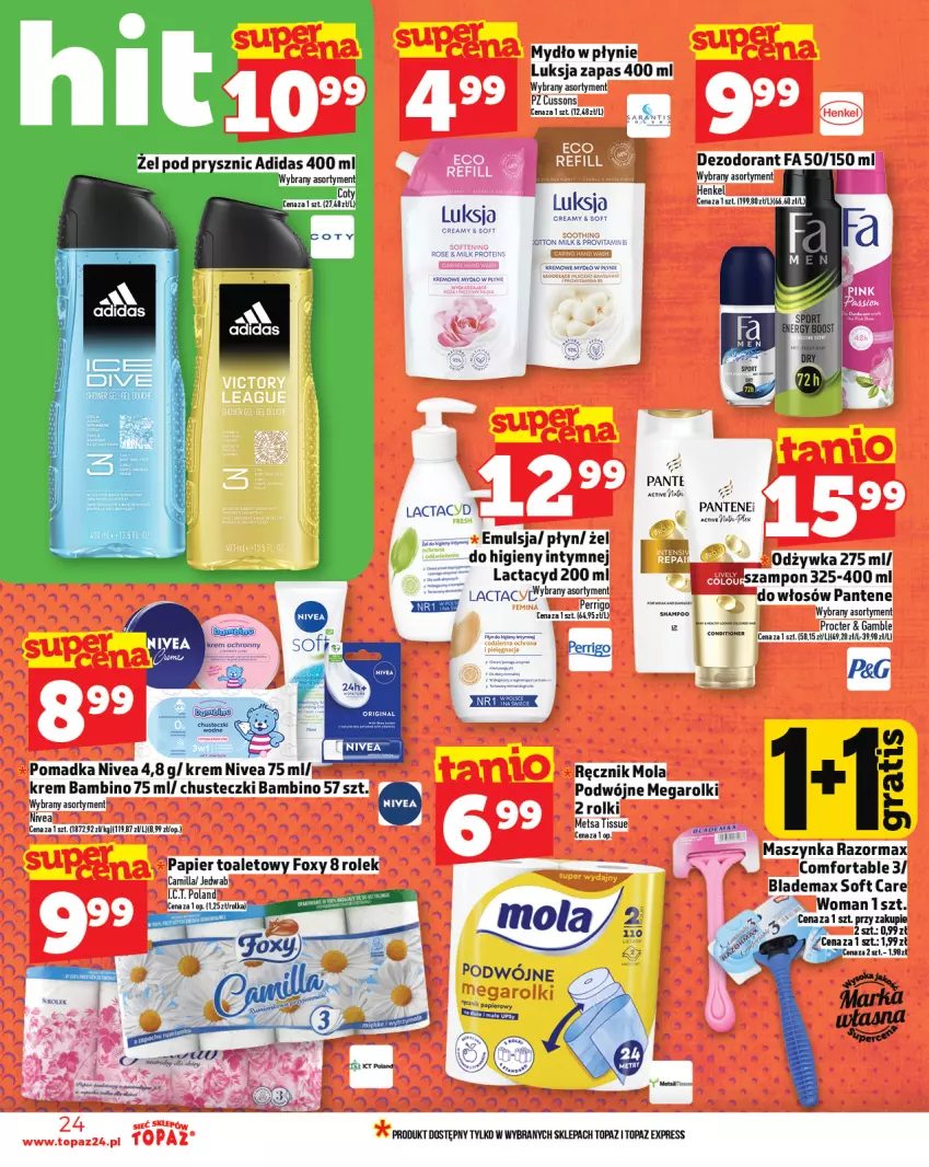 Gazetka promocyjna Topaz - Gazetka - ważna 22.05 do 28.05.2025 - strona 24 - produkty: Adidas, Anew, Chusteczki, Dezodorant, Emulsja, Fa, Foxy, Lactacyd, Luksja, Maszynka, Mola, Mydło, Mydło w płynie, Nivea, Odżywka, Pantene, Papier, Papier toaletowy, Ręcznik, Rolki, Szampon, Szynka, Top