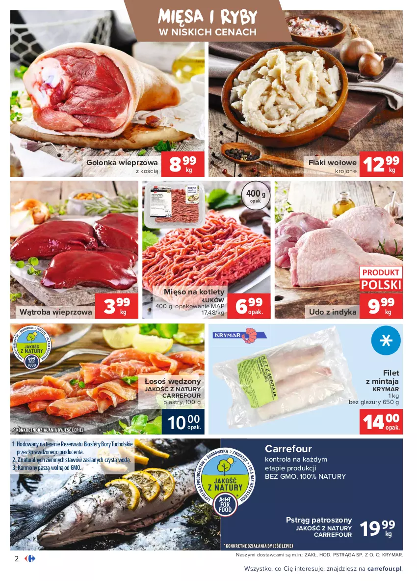 Gazetka promocyjna Carrefour - Gazetka Targi świeżości - ważna 16.08 do 23.08.2021 - strona 2 - produkty: Filet z mintaja, Flaki, Flaki wołowe, Golonka wieprzowa, Karmi, Kotlet, Lazur, Mięso, Mintaj, Pstrąg, Silan