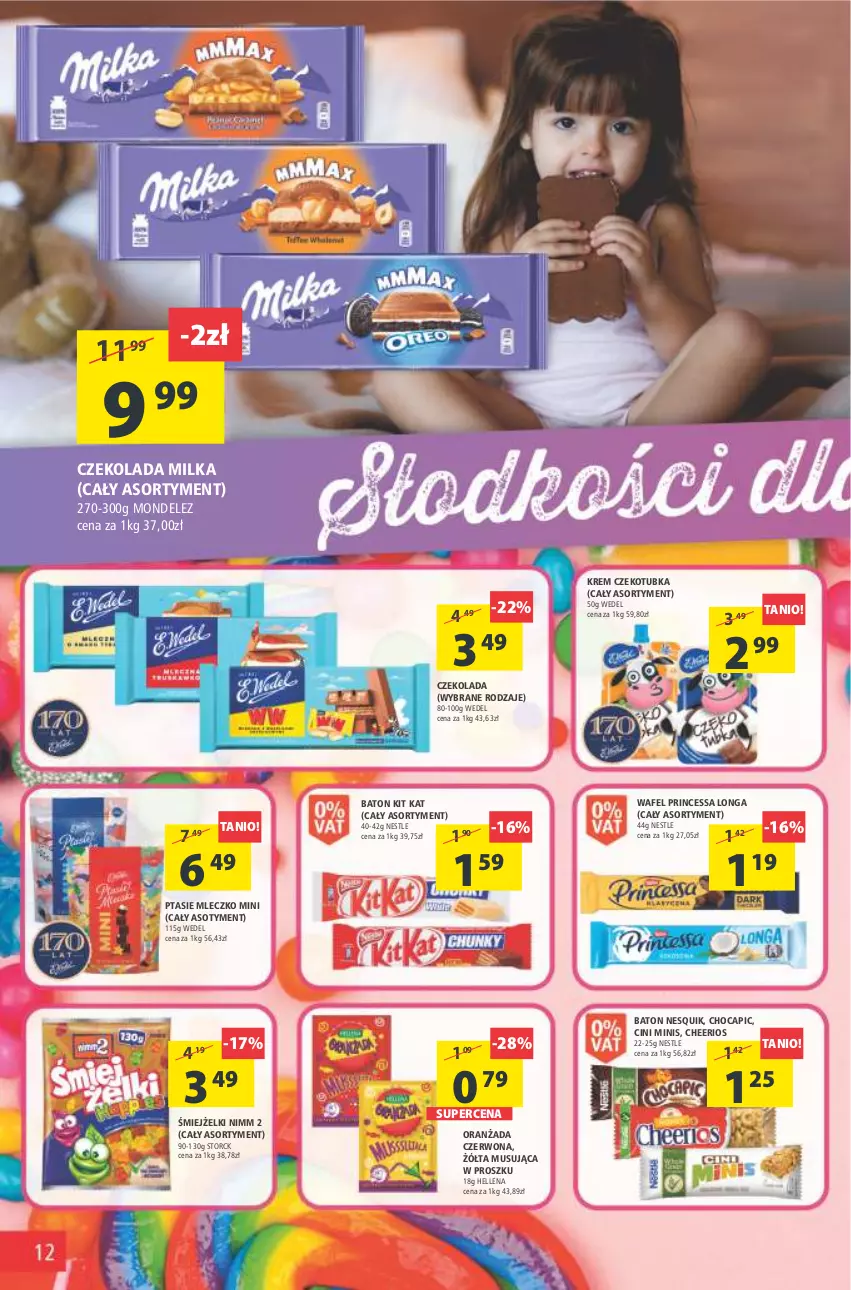 Gazetka promocyjna Arhelan - Gazetka - ważna 25.02 do 05.03.2022 - strona 12 - produkty: Baton, Cheerios, Cini Minis, Czekolada, Hellena, Kit Kat, Milka, Mleczko, Mus, Nesquik, Oranżada, Princessa, Ptasie mleczko