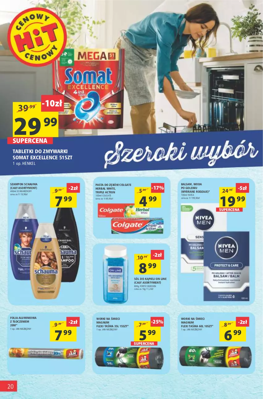 Gazetka promocyjna Arhelan - Gazetka - ważna 25.02 do 05.03.2022 - strona 20 - produkty: Colgate, Folia aluminiowa, Jan Niezbędny, LG, Nivea, Pasta do zębów, Schauma, Schwarzkopf, Sól, Sól do kąpieli, Somat, Szampon, Tablet, Tabletki do zmywarki, Woda, Woda po goleniu, Worki na śmiec, Worki na śmieci, Zmywarki