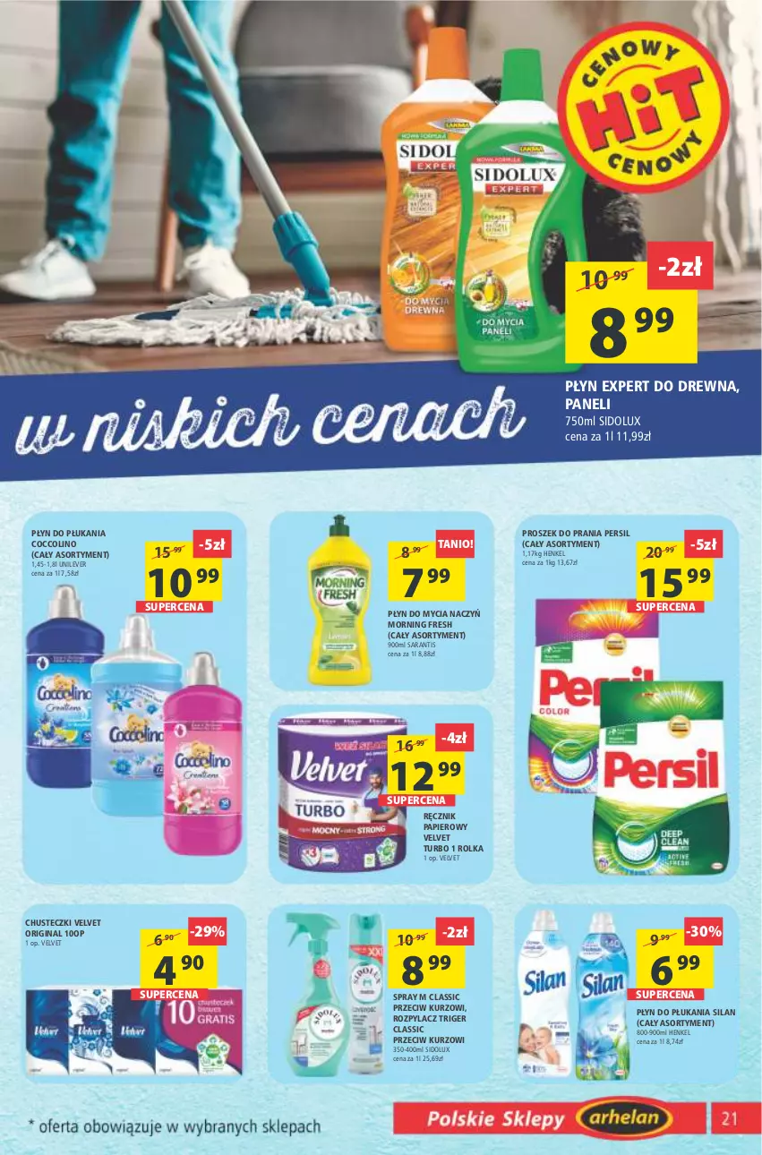 Gazetka promocyjna Arhelan - Gazetka - ważna 25.02 do 05.03.2022 - strona 21 - produkty: Chusteczki, Coccolino, Do mycia naczyń, Gin, Papier, Persil, Płyn do mycia, Płyn do mycia naczyń, Płyn do płukania, Proszek do prania, Ręcznik, Sidolux, Silan, Velvet