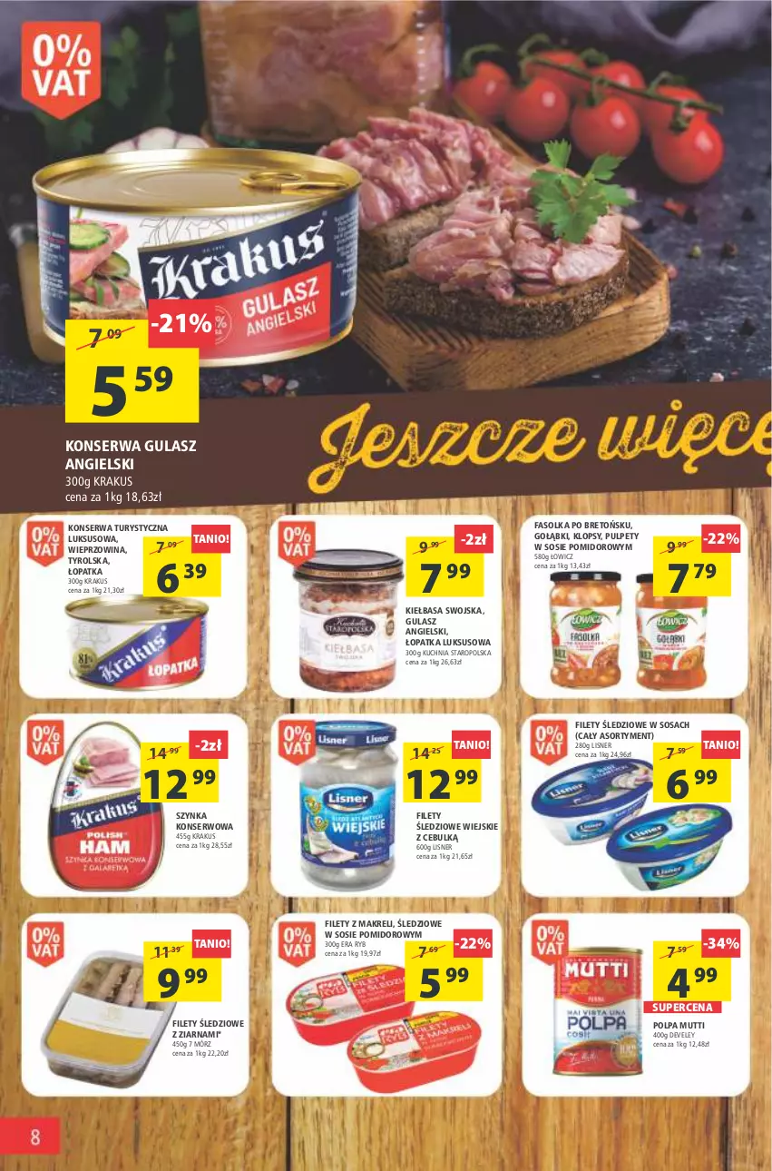 Gazetka promocyjna Arhelan - Gazetka - ważna 25.02 do 05.03.2022 - strona 8 - produkty: Era Ryb, Fa, Kiełbasa, Konserwa turystyczna, Krakus, Kuchnia, Kuchnia Staropolska, Lisner, Pulpety, Ser, Sos, Szynka, Szynka konserwowa, Wieprzowina