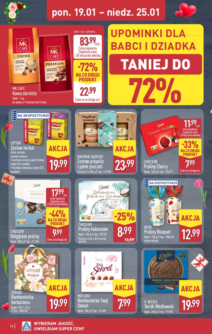Gazetka promocyjna Aldi - Pełna oferta - ważna 19.01 do 25.01.2026 - strona 14 - produkty: E. Wedel, Herbata, Herbata czarna, Herbata owocowa, Kawa, Kawa ziarnista, Kokos, Kret, LG, Lipton, Praliny, Propolis