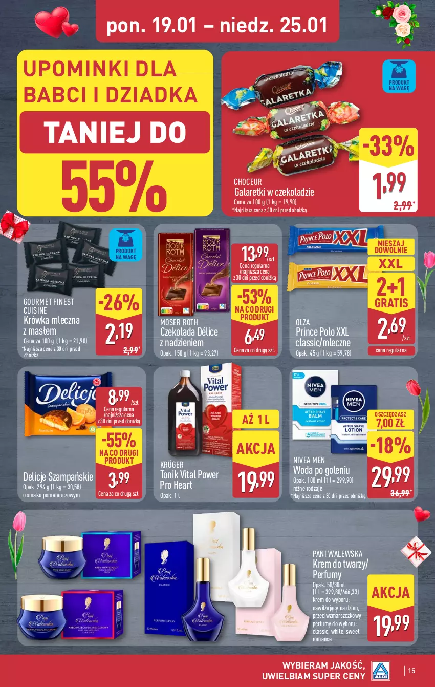Gazetka promocyjna Aldi - Pełna oferta - ważna 19.01 do 25.01.2026 - strona 15 - produkty: Czekolada, Delicje, Gala, Galaretki, Gra, Krem do twarzy, Mars, Moser Roth, Nivea, Nivea Men, Perfum, Prince Polo, Ser, Tonik, Woda, Woda po goleniu