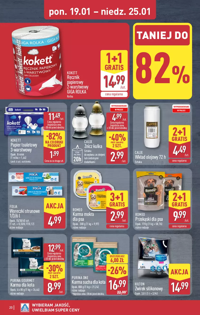 Gazetka promocyjna Aldi - Pełna oferta - ważna 19.01 do 25.01.2026 - strona 20 - produkty: Gra, Olej, Papier, Papier toaletowy, Przekąski dla psa, Pur, Purina, Ręcznik, Wkład olejowy, Znicz
