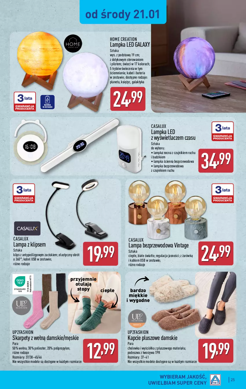 Gazetka promocyjna Aldi - Pełna oferta - ważna 19.01 do 25.01.2026 - strona 25 - produkty: Bateria, Budzik, Fa, Gala, Kabel USB, Kapcie, Karp, Lampa, Top, Wełna