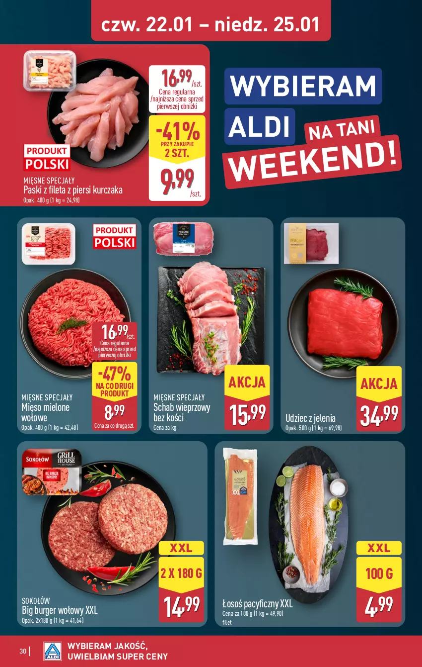 Gazetka promocyjna Aldi - Pełna oferta - ważna 19.01 do 25.01.2026 - strona 30 - produkty: Burger, Kurczak, Mięsne specjały, Mięso, Mięso mielone, Schab wieprzowy, Sok, Sokołów