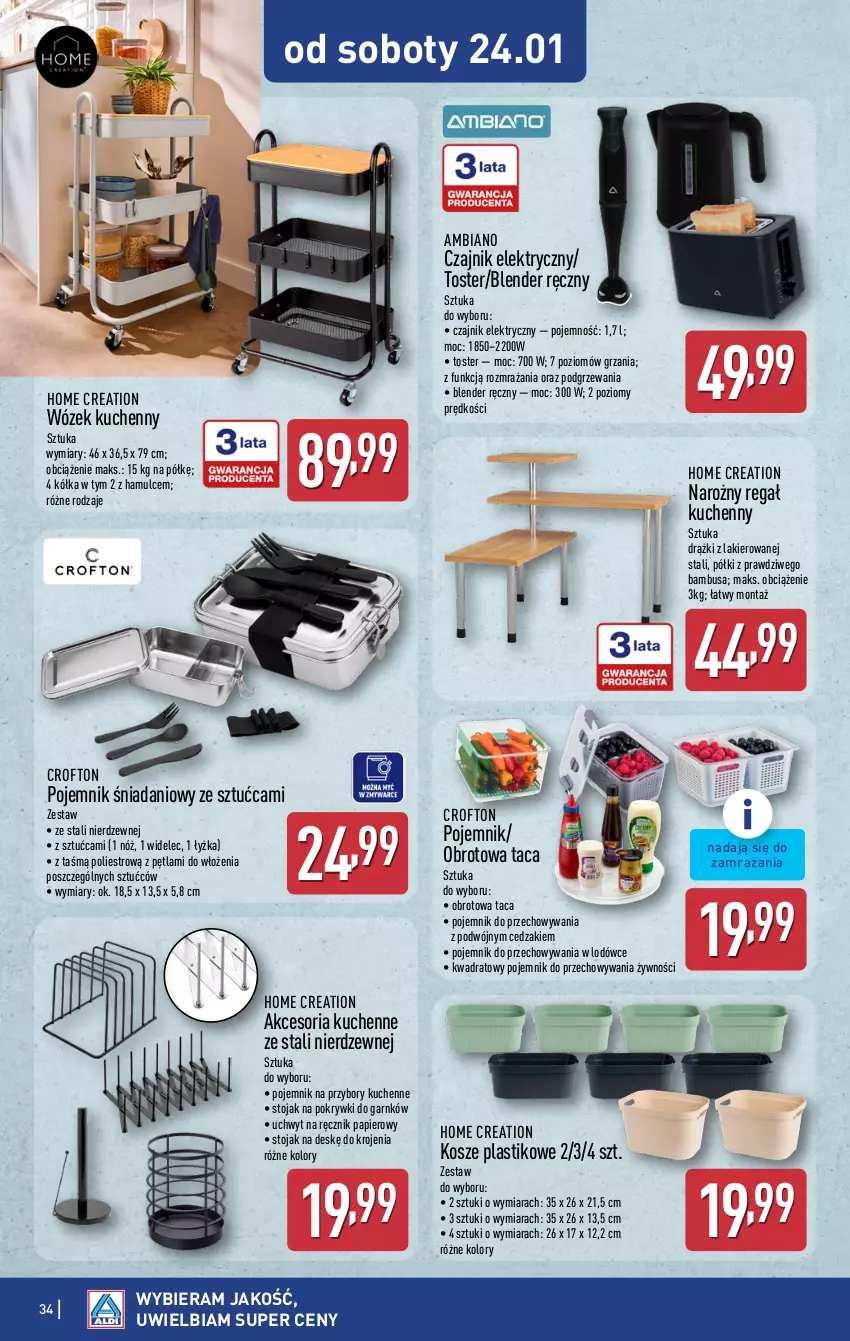 Gazetka promocyjna Aldi - Pełna oferta - ważna 19.01 do 25.01.2026 - strona 34 - produkty: Blender, Blender ręczny, Cedzak, Czajnik, Czajnik elektryczny, Danio, Kosz, Lakier, Papier, Pojemnik, Pojemnik do przechowywania, Pojemnik na przybory, Przybory kuchenne, Ręcznik, Regał, Stojak, Taca, Toster, Widelec, Wózek