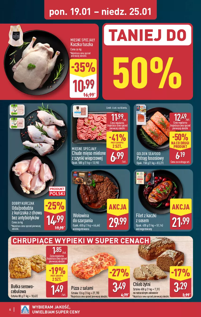 Gazetka promocyjna Aldi - Pełna oferta - ważna 19.01 do 25.01.2026 - strona 6 - produkty: Bułka, Chleb, Golden Seafood, Kaczka, Kurczak, Mięsne specjały, Mięso, Mięso mielone, Mięso mielone z szynki, Owoce, Pizza, Pstrąg, Pstrąg łososiowy, Salami, Ser, Sos, Tusz, Wołowina