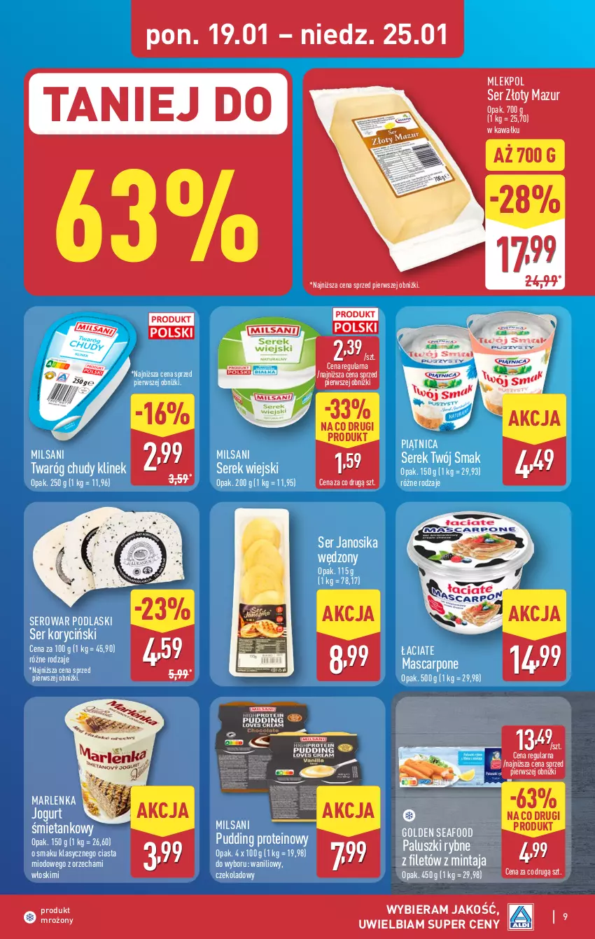 Gazetka promocyjna Aldi - Pełna oferta - ważna 19.01 do 25.01.2026 - strona 9 - produkty: Golden Seafood, Jogurt, Kawa, Mascarpone, Mintaj, Paluszki rybne, Piątnica, Podlaski, Pudding, Ser, Serek, Serek wiejski, Twaróg, Twaróg chudy, Twój Smak, Złoty Mazur
