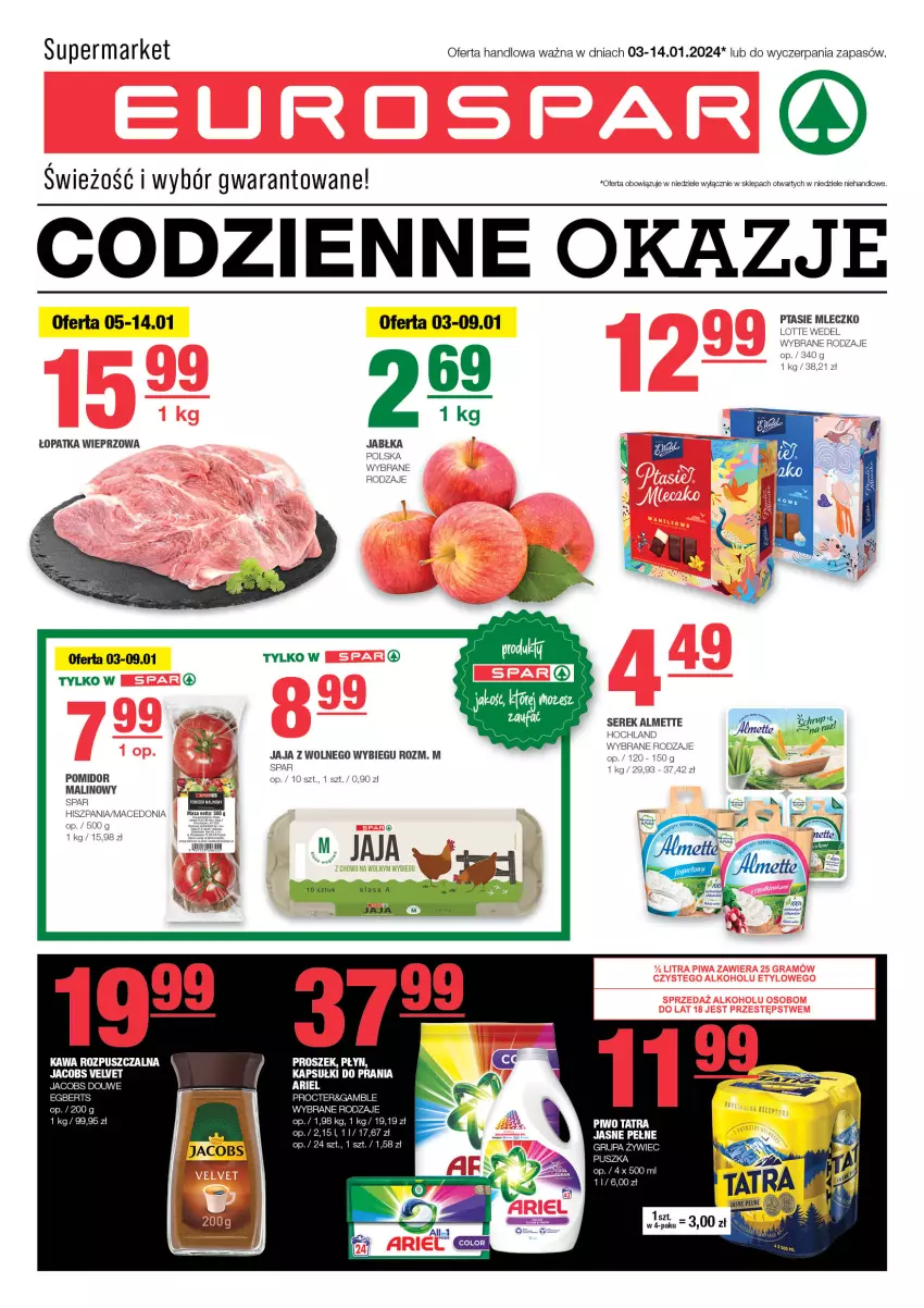 Gazetka promocyjna Spar - EuroSpar - ważna 01.01 do 11.01.2024 - strona 1 - produkty: Almette, Ariel, Hochland, Jabłka, Jacobs, Jacobs Velvet, Jaja, Jaja z wolnego wybiegu, Kapsułki do prania, Kawa, Kawa rozpuszczalna, Piwo, Ser, Serek, Tatra, Velvet