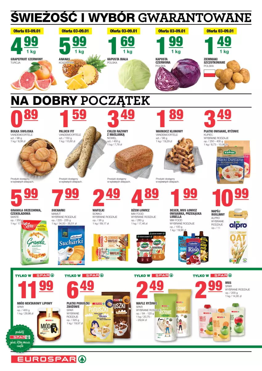 Gazetka promocyjna Spar - EuroSpar - ważna 01.01 do 11.01.2024 - strona 2 - produkty: Alpro, Bell, Bella, Bułka, Chleb, Deser, Dżem, Gra, Granola, Koc, Kupiec, Lubella, Miód, Mus, Napój, Nektar, Owsianka, Piec, Płatki owsiane, Ryż, Sante, Ser, Sonko, Wafle, Ziemniaki