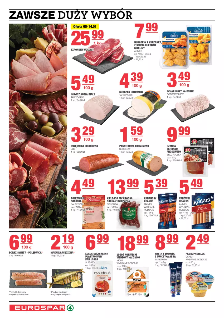 Gazetka promocyjna Spar - EuroSpar - ważna 01.01 do 11.01.2024 - strona 4 - produkty: Bell, Cheddar, Dorsz, Kabanos, Kiełbasa, Krakus, Kurczak, Kurczak gotowany, Lisner, Morliny, Parówki, Pastella, Pasztet, Polędwica, Prosciutto, Ser, Sok, Sokołów, Sos, Szponder wołowy, Szynka, Tarczyński, Tuńczyk