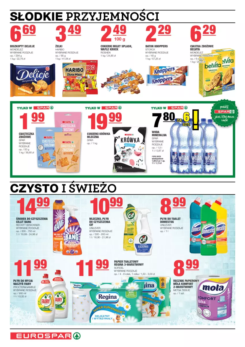 Gazetka promocyjna Spar - EuroSpar - ważna 01.01 do 11.01.2024 - strona 6 - produkty: Baton, BelVita, Biszkopty, Ciastka, Cif, Cillit Bang, Cukier, Cukierki, Delicje, Domestos, Fa, Fairy, Gin, Haribo, Knoppers, Mleczko, Mola, Papier, Papier toaletowy, Płyn do mycia, Ręcznik, Ser, Wafle