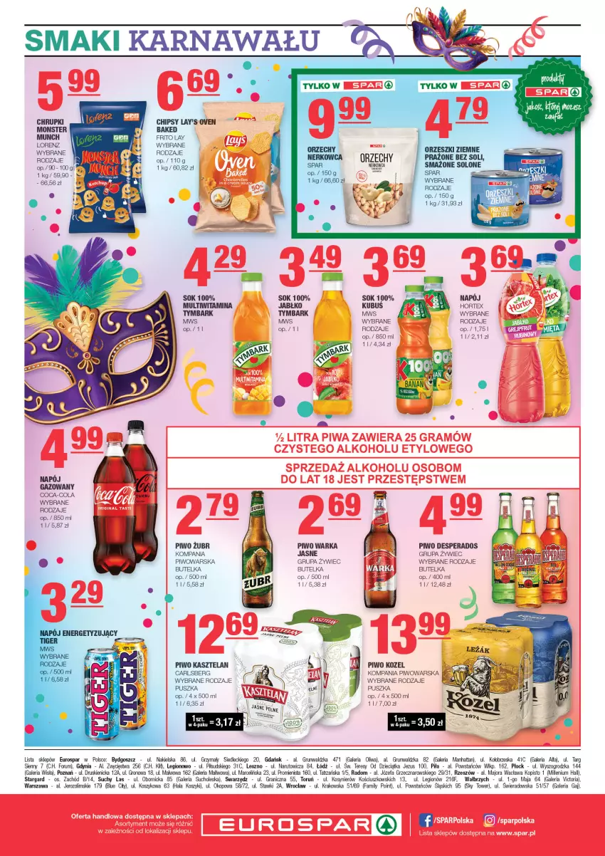 Gazetka promocyjna Spar - EuroSpar - ważna 01.01 do 11.01.2024 - strona 8 - produkty: Carlsberg, Chipsy, Chrupki, Coca-Cola, Desperados, Dzieci, Fa, Gra, Hortex, Kasztelan, Kosz, Kozel, LG, Orzeszki, Orzeszki ziemne, Piwo, Rum, Sok, Tymbark, Warka