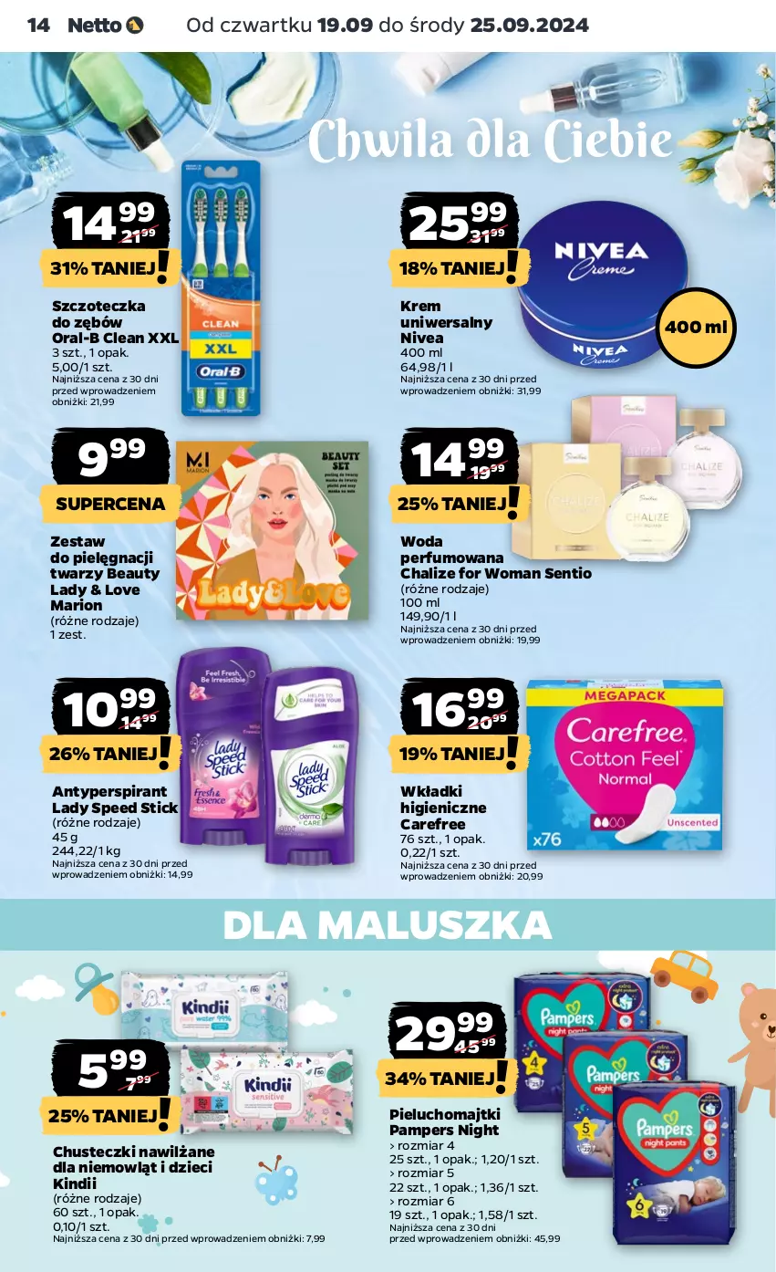 Gazetka promocyjna Netto - Artykuły spożywcze - ważna 19.09 do 25.09.2024 - strona 14 - produkty: Antyperspirant, Carefree, Chusteczki, Dzieci, Kindii, Krem uniwersalny, Lady Speed Stick, Majtki, Nivea, Pampers, Perfum, Pieluchomajtki, Szczoteczka, Szczoteczka do zębów, Wkładki, Woda, Woda perfumowana