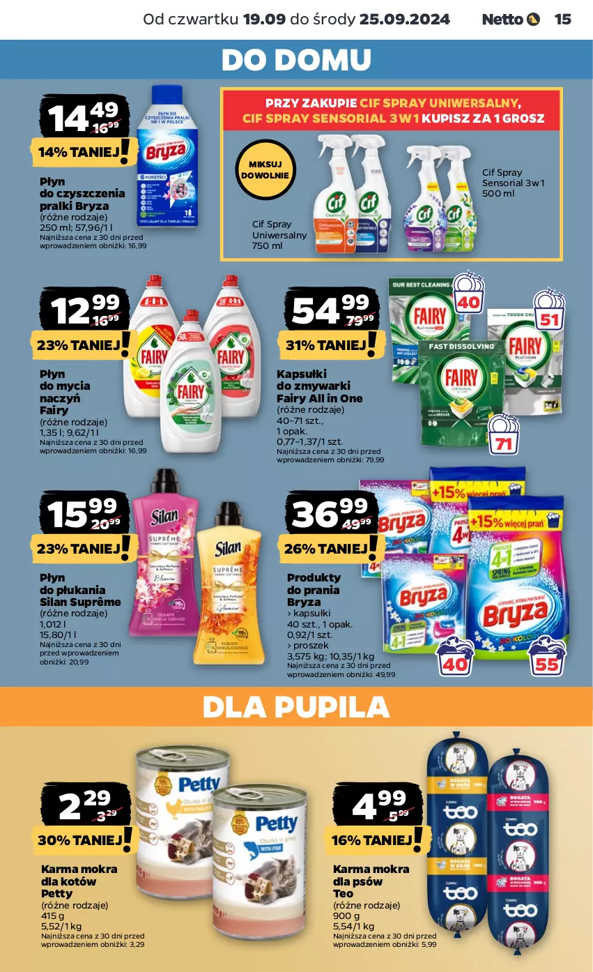 Gazetka promocyjna Netto - Artykuły spożywcze - ważna 19.09 do 25.09.2024 - strona 15 - produkty: Bryza, Cif, Do mycia naczyń, Fa, Fairy, Karma mokra dla kotów, Płyn do mycia, Płyn do mycia naczyń, Płyn do płukania, Pralki, Silan, Zmywarki