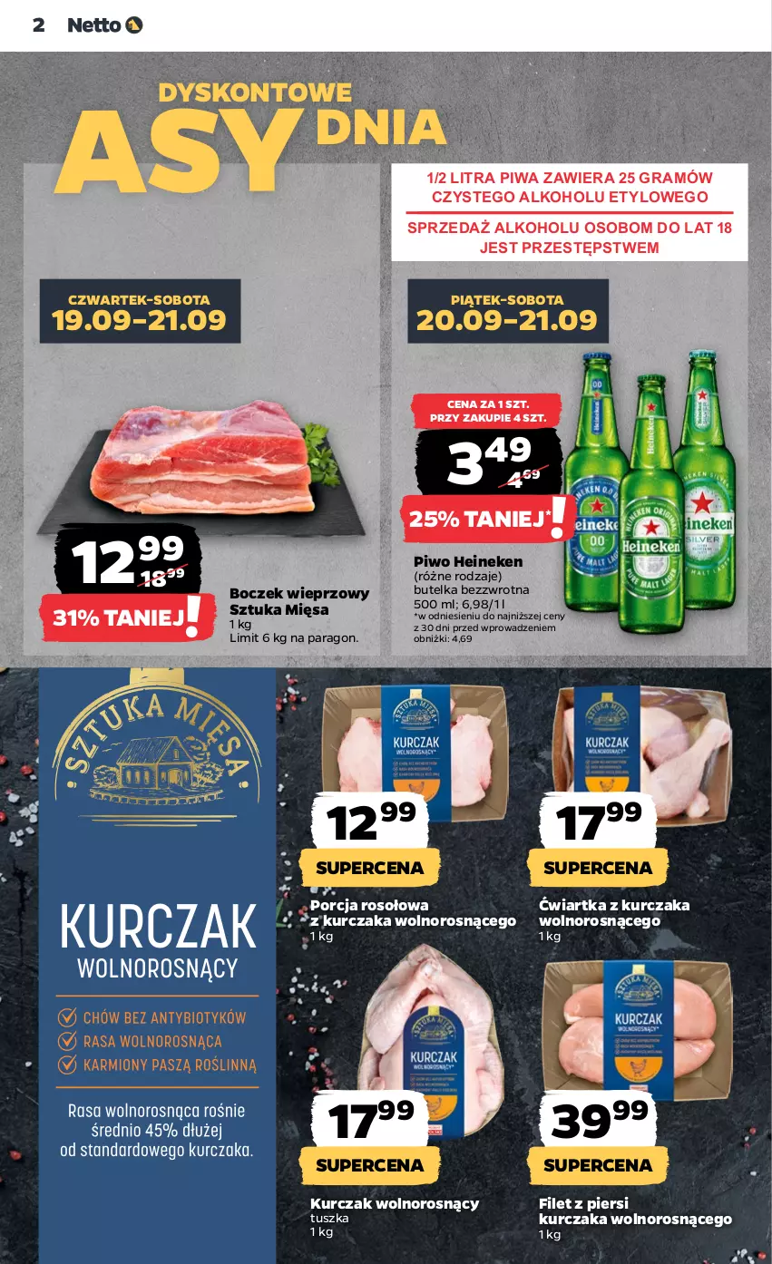 Gazetka promocyjna Netto - Artykuły spożywcze - ważna 19.09 do 25.09.2024 - strona 2 - produkty: Boczek, Boczek wieprzowy, Filet z piersi kurczaka, Gra, Heineken, Kurczak, Piwa, Piwo, Por, Tusz