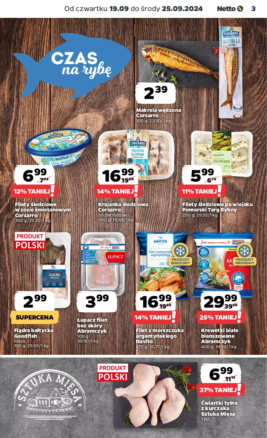 Gazetka promocyjna Netto - Artykuły spożywcze - ważna 19.09 do 25.09.2024 - strona 3 - produkty: Filet z morszczuka, Krajanka śledziowa, Krewetki, Kurczak, Sos, Tusz