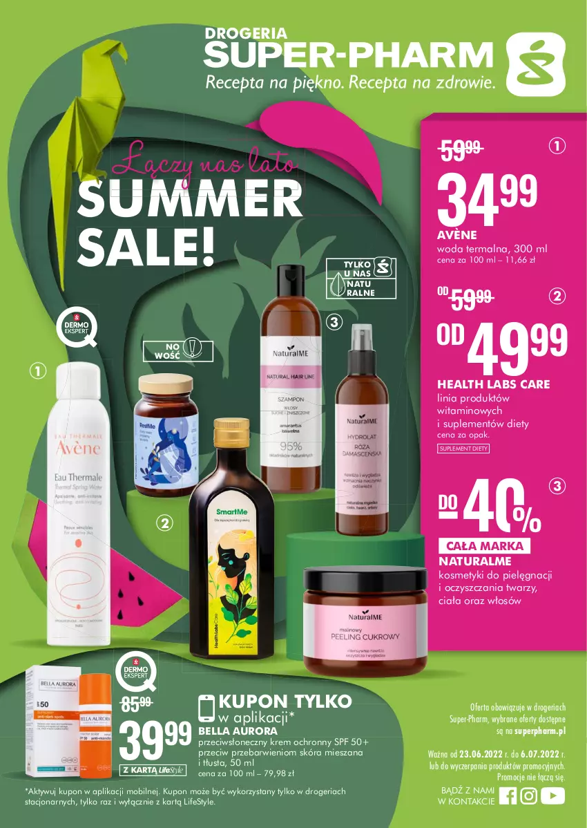 Gazetka promocyjna Super Pharm - Gazetka - ważna 23.06 do 06.07.2022 - strona 1 - produkty: Avène, Bell, Bella, Kosmetyki do pielęgnacji, Mobil, Suplement diety, Woda