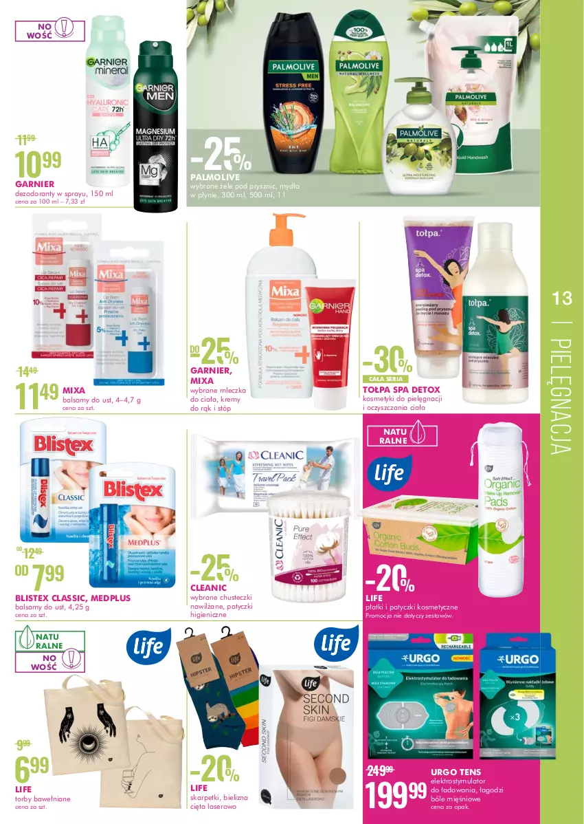 Gazetka promocyjna Super Pharm - Gazetka - ważna 23.06 do 06.07.2022 - strona 13 - produkty: Bielizna, Chusteczki, Cleanic, Dezodorant, Garnier, Karp, Kosmetyki do pielęgnacji, Mixa, Palmolive, Patyczki kosmetyczne, Ser, Skarpetki, Tołpa, Tołpa Spa, Urgo