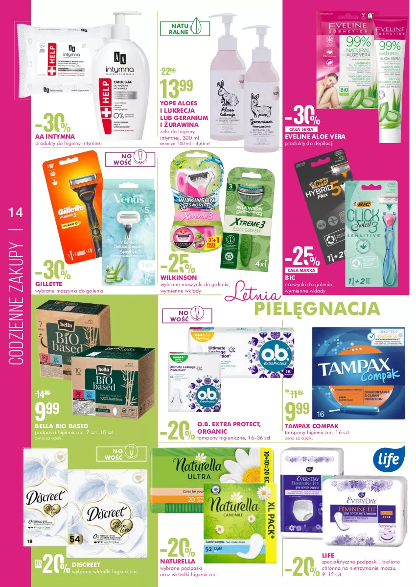 Gazetka promocyjna Super Pharm - Gazetka - ważna 23.06 do 06.07.2022 - strona 14 - produkty: Aloe vera, Bell, Bella, BIC, Bielizna, Discreet, Eveline, Gillette, Naturell, Naturella, O.B., Pax, Podpaski, Ser, Tampax, Tampony, Wkładki, Yope