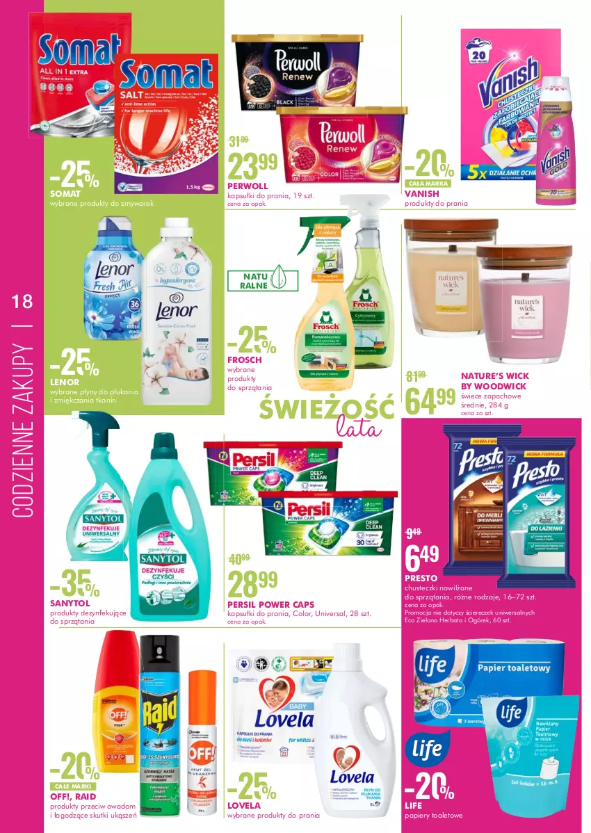 Gazetka promocyjna Super Pharm - Gazetka - ważna 23.06 do 06.07.2022 - strona 18 - produkty: Chusteczki, Frosch, Herbata, Kapsułki do prania, Lenor, Lovela, Ogórek, Papier, Persil, Perwoll, Presto, Produkty do zmywarek, Sanytol, Somat, Vanish