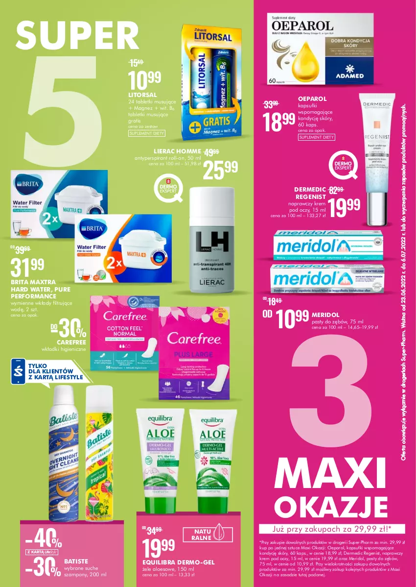 Gazetka promocyjna Super Pharm - Gazetka - ważna 23.06 do 06.07.2022 - strona 2 - produkty: Antyperspirant, Batiste, Brit, Brita, Brita Maxtra, Carefree, Dermedic, Gra, Krem pod oczy, Lierac, Magnez, Mus, Olej, Pur, Suplement diety, Szampon, Tablet, Tabletki musujące, Wkładki