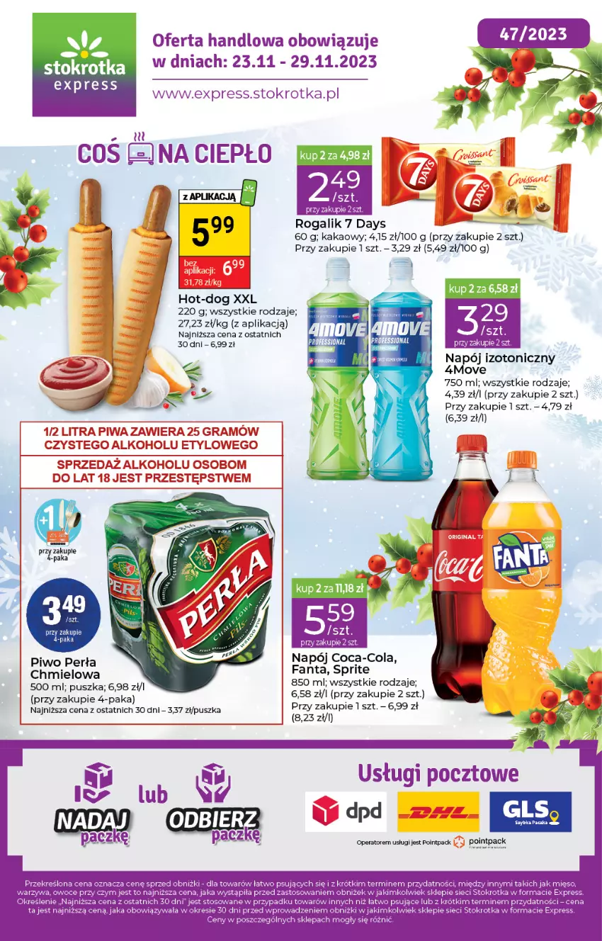 Gazetka promocyjna Stokrotka - Stokrotka Express - ważna 23.11 do 29.11.2023 - strona 1 - produkty: 7 Days, Coca-Cola, Fa, Fanta, Kakao, Napój, Napój izotoniczny, Perła, Piwo, Rogal, Sprite