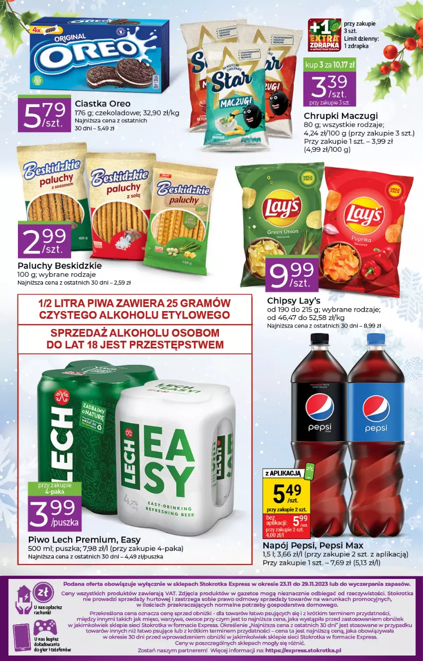 Gazetka promocyjna Stokrotka - Stokrotka Express - ważna 23.11 do 29.11.2023 - strona 3 - produkty: Beskidzki, Chipsy, Chrupki, Ciastka, Gra, Lech Premium, Mięso, Napój, Oreo, Owoce, Pepsi, Pepsi max, Piwa, Piwo, Telefon, Warzywa