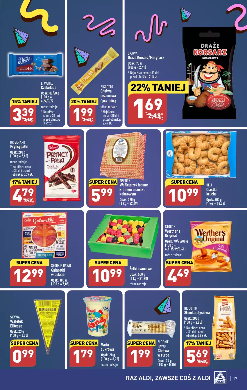 Gazetka promocyjna Aldi - Pełna oferta - ważna 23.10 do 28.10.2023 - strona 17 - produkty: Chałwa, Ciastka, Czekolada, Dr Gerard, E. Wedel, Gala, Galaretki, Gin, Kakao, Kawa, Sezam, Wafelek, Wafle