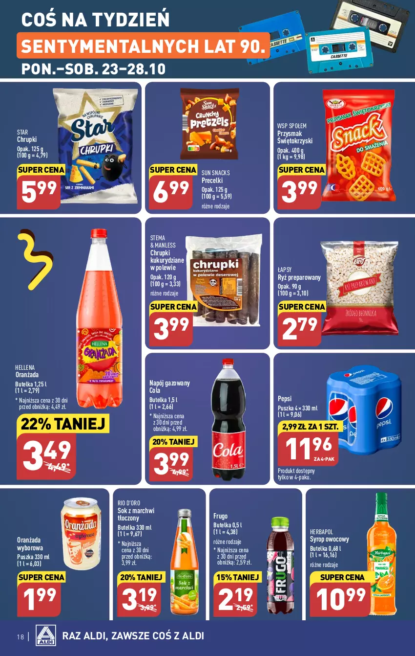 Gazetka promocyjna Aldi - Pełna oferta - ważna 23.10 do 28.10.2023 - strona 18 - produkty: Chrupki, Hellena, Herbapol, Napój, Napój gazowany, Oranżada, Pepsi, Precelki, Ryż, Sok, Syrop, Wyborowa