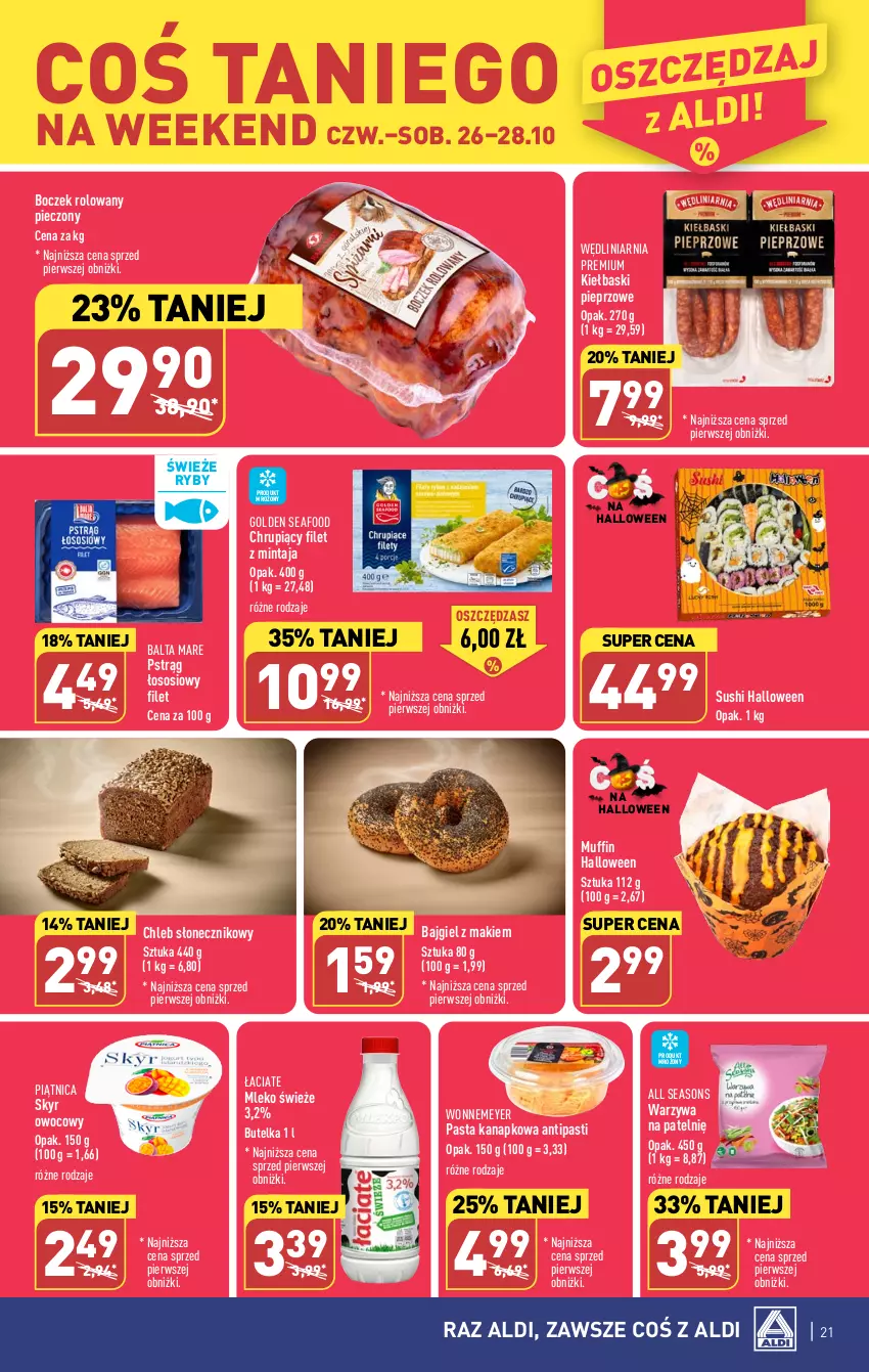 Gazetka promocyjna Aldi - Pełna oferta - ważna 23.10 do 28.10.2023 - strona 21 - produkty: All Seasons, Balta Mare, Boczek, Chleb, Filet z mintaja, Golden Seafood, Kiełbaski pieprzowe, Mintaj, Mleko, Piątnica, Piec, Pieprz, Pstrąg, Pstrąg łososiowy, Sos, Sushi, Warzywa