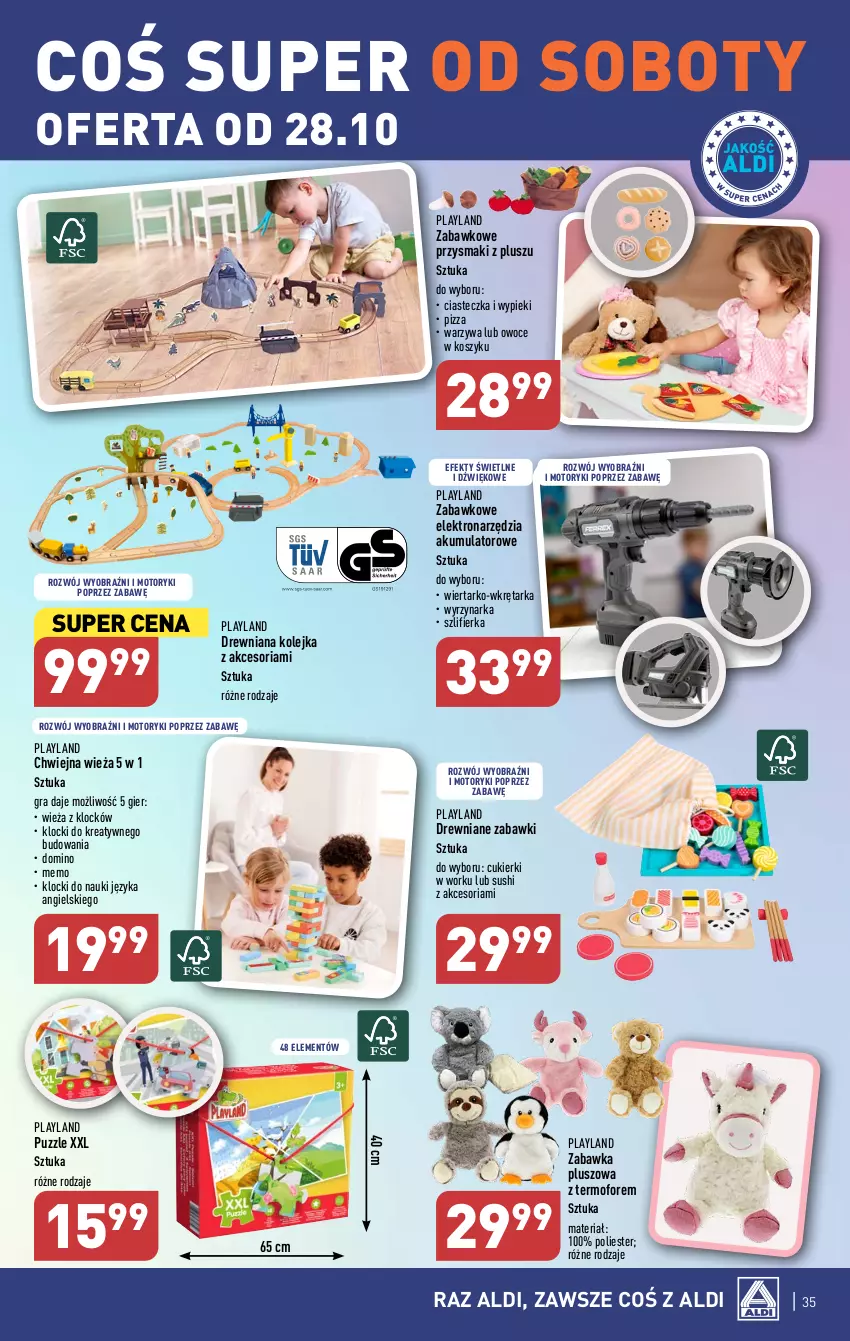 Gazetka promocyjna Aldi - Pełna oferta - ważna 23.10 do 28.10.2023 - strona 35 - produkty: Akumulator, Cukier, Cukierki, Drewniana kolejka, Gra, Klocki, Kolejka, Kosz, Olej, Owoce, Pizza, Przysmaki, Puzzle, Sushi, Szlifierka, Tarka, Warzywa, Wkręt, Wkrętarka, Wyrzynarka, Zabawka