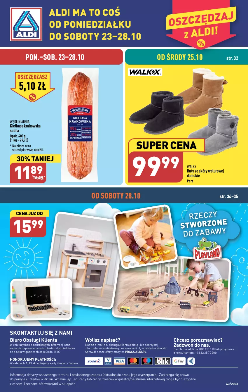 Gazetka promocyjna Aldi - Pełna oferta - ważna 23.10 do 28.10.2023 - strona 38 - produkty: Biuro, Buty, Kiełbasa, Kiełbasa krakowska, O nas, Por