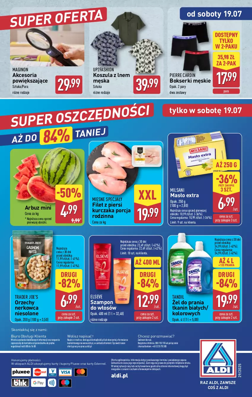 Gazetka promocyjna Aldi - Oferta weekendowa - ważna 17.07 do 19.07.2025 - strona 12 - produkty: Arbuz, Biuro, Bokserki, Elseve, Fa, Filet z piersi kurczaka, Gin, Kosz, Koszula, Kurczak, Masło, Mięsne specjały, O nas, Pierre Cardin, Por, Ser, Szampon