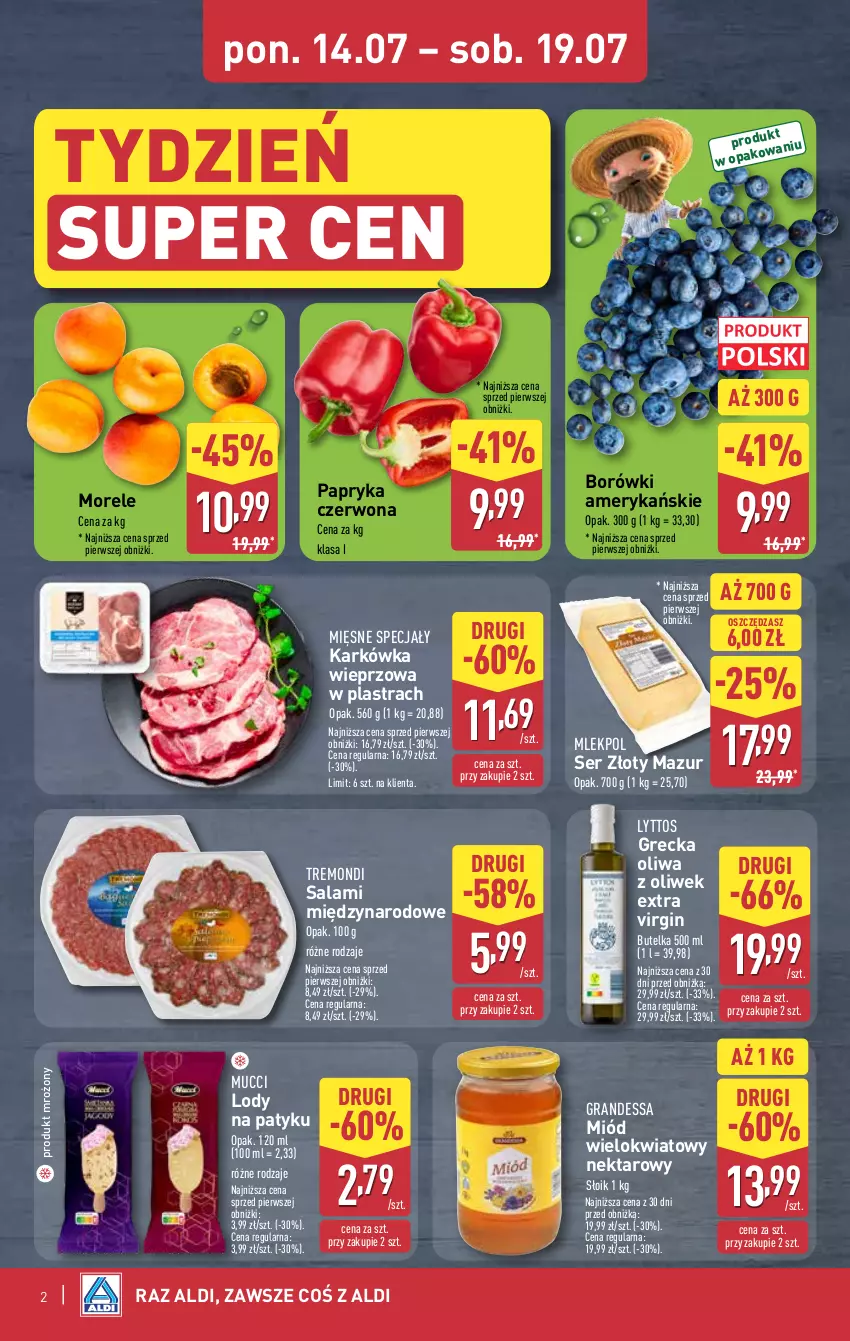 Gazetka promocyjna Aldi - Oferta weekendowa - ważna 17.07 do 19.07.2025 - strona 2 - produkty: Gin, Gra, Karkówka wieprzowa, Lody, Mięsne specjały, Miód, Nektar, Oliwa z oliwek, Papryka, Papryka czerwona, Salami, Ser, Złoty Mazur